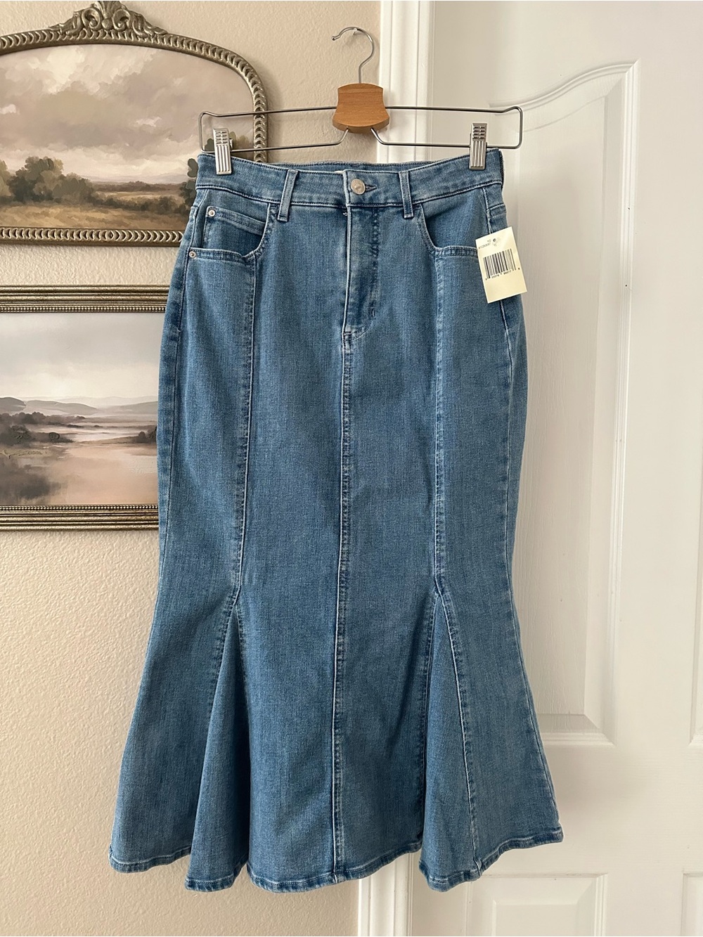GUESS Blue Denim Flared Midi Skirt
